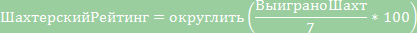 Формула рассчета шахтерского рейтинга Рейтинг=округлить(100*ВыиграноШахт/7)